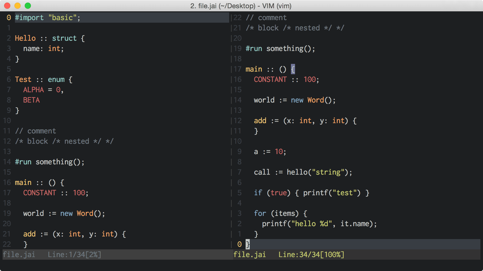 Syntax highlighting for Jai, Jonathan Blow's programming language. Image from GitHub.